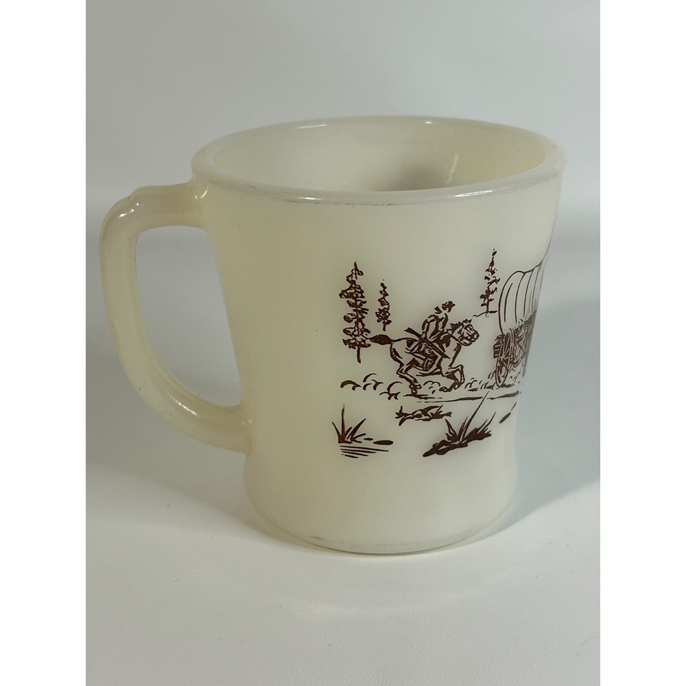 Vintage Fire-King Davy Crockett Milk Glass Mug D-Handle Brown Graphic 1950s